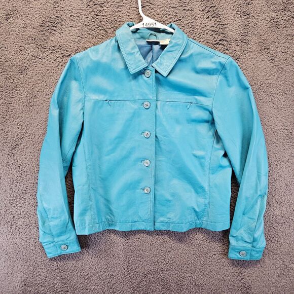 Newport News Leather Jacket Women Size 14 Blue Collared Button Front - Picture 1 of 10